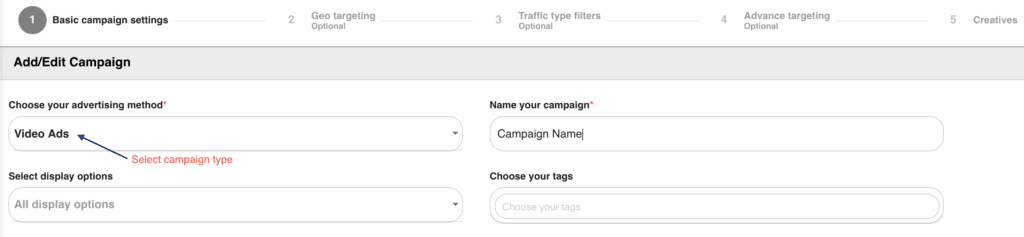 Video Ads - Select Campaign Type